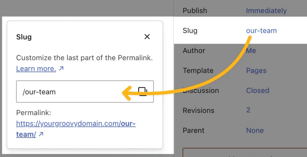 Screenshot of WordPress post settings highlighting SEO slug for URL optimization
