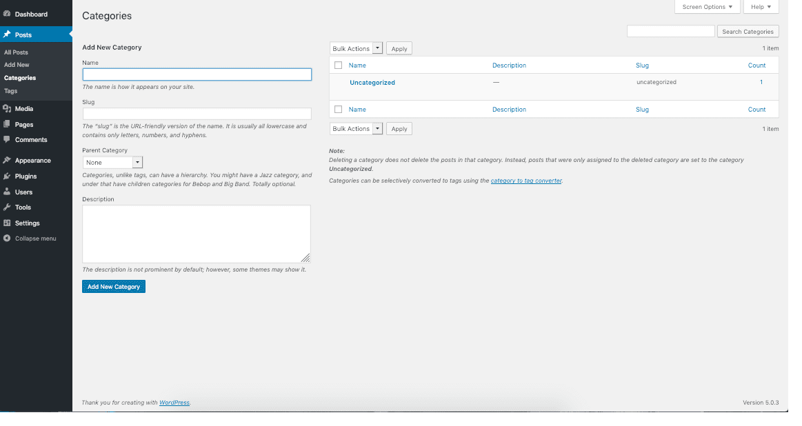 WordPress Categories editor highlighting the SEO slug field for URL-friendly category names