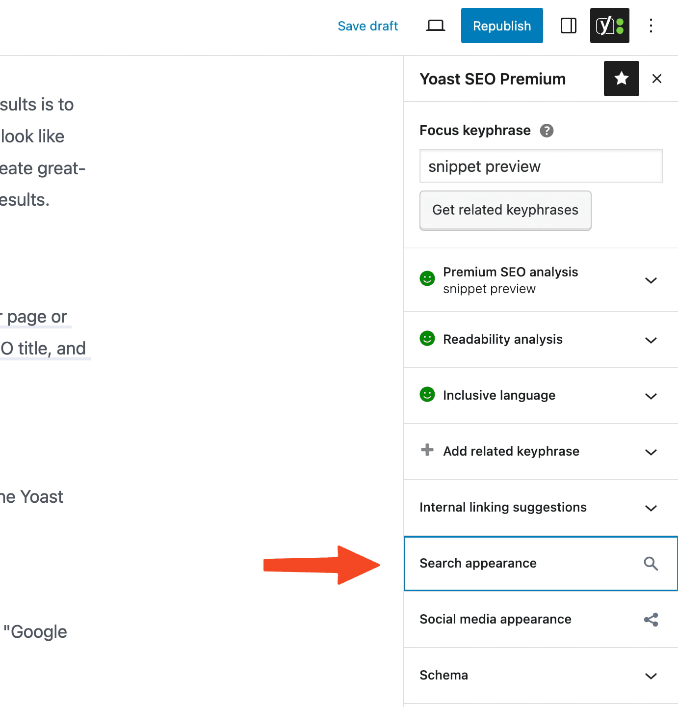 WordPress Yoast panel highlighting Search appearance for editing seo slug and snippet
