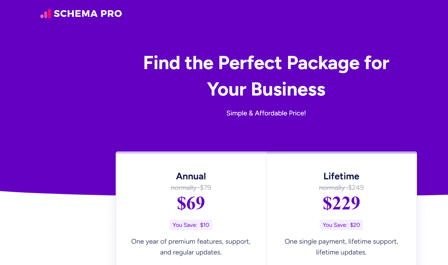 Yoast SEO vs Schema Pro: compare Schema Pro pricing—Annual $69, Lifetime $229