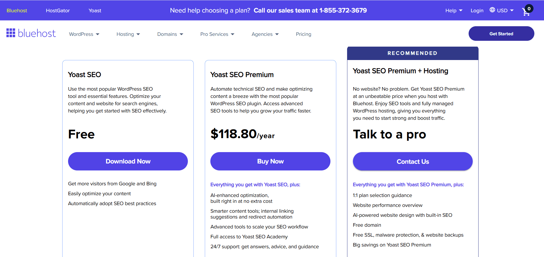 Yoast SEO vs Schema Pro: WordPress pricing view—Yoast Free, Premium $118.80, Premium + Hosting