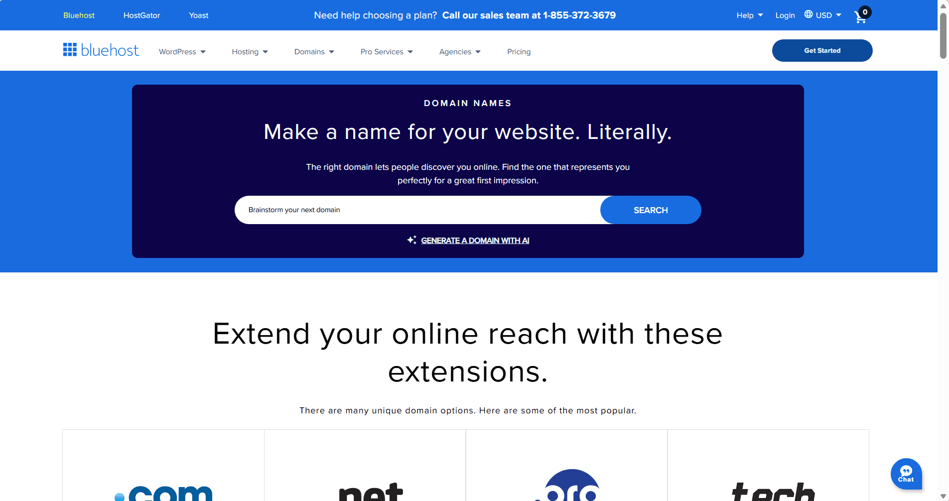 Bluehost homepage showing how to choose a domain name with search for domain name ideas.