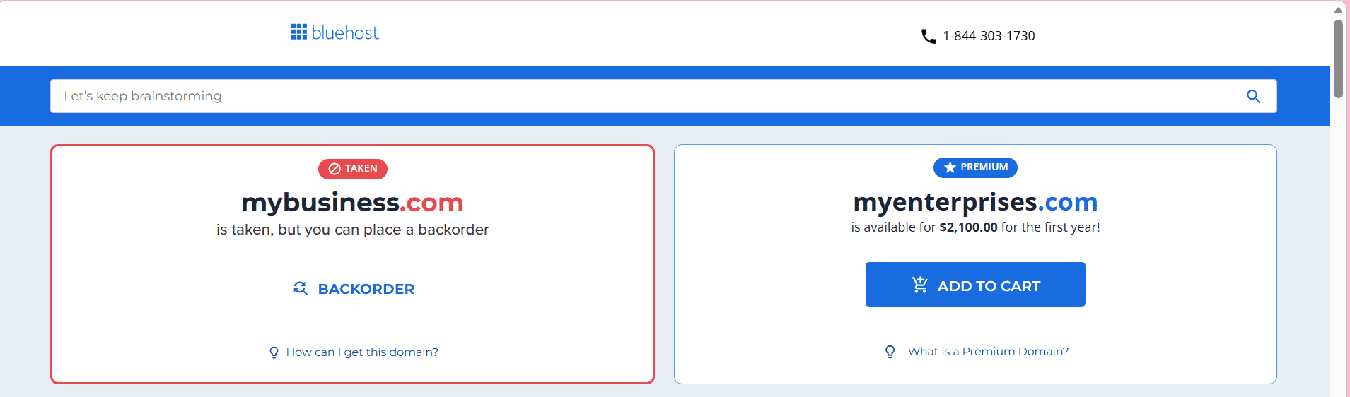 Domain name search example showing tips on how to choose a domain name for your website