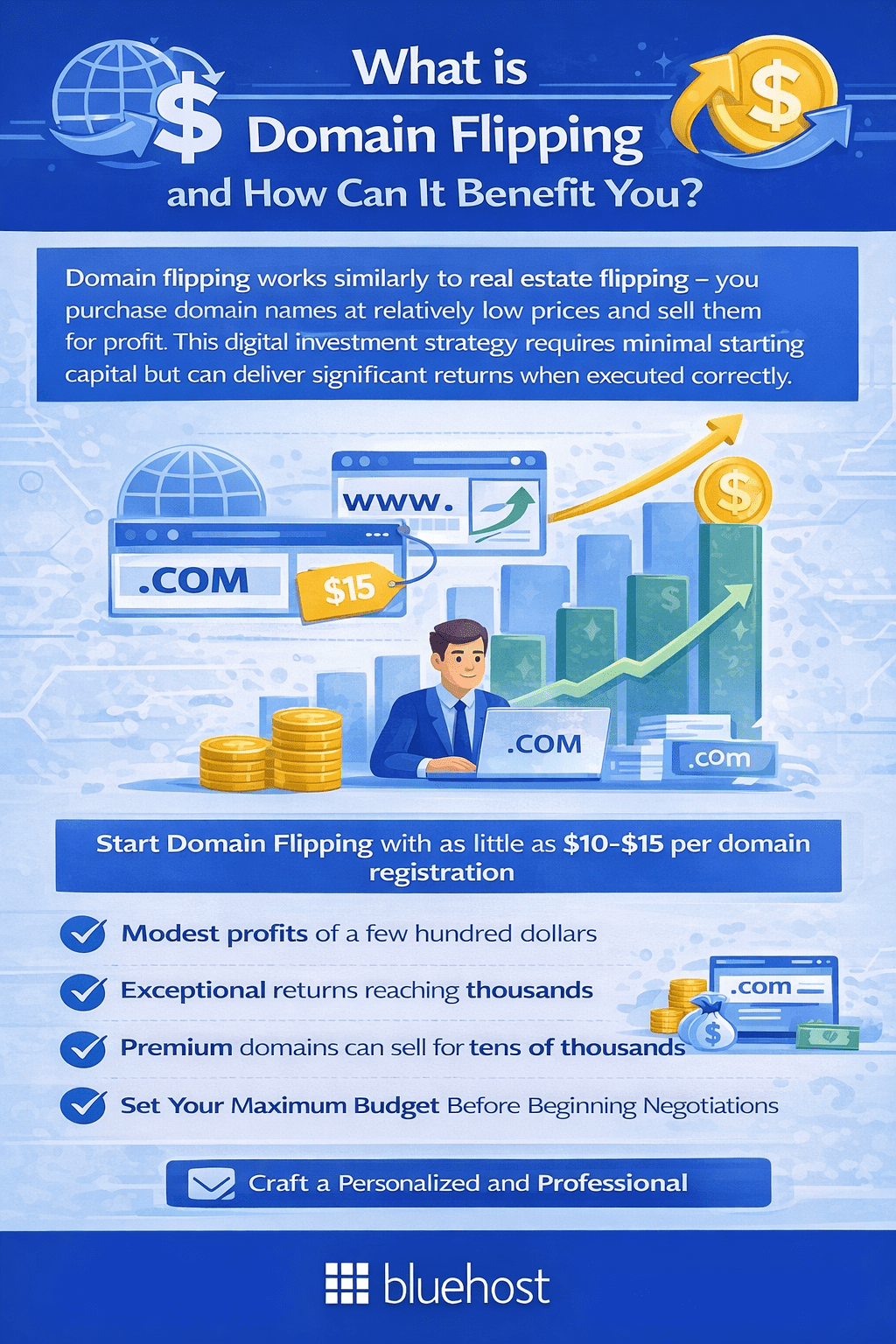 Infographic explaining domain flipping strategies and profit tips for buying and selling domains.
