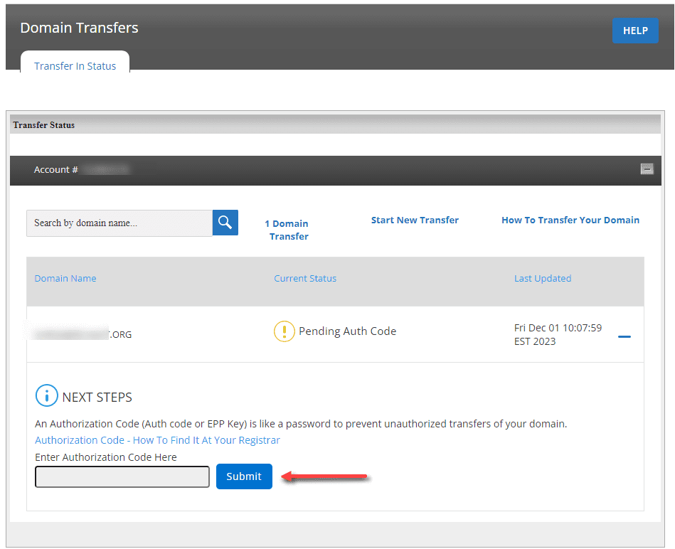 Bluehost domain transfer status page showing pending auth code for transfer domain to Bluehost guide