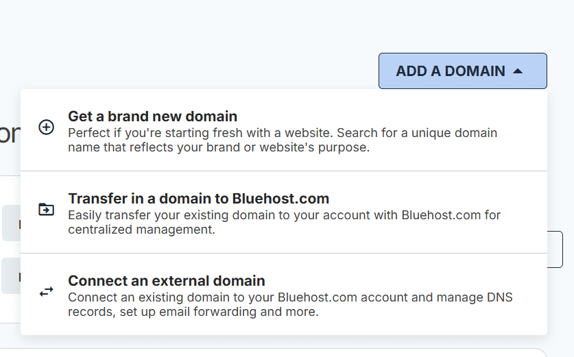 GoDaddy domain transfer to Bluehost step, showing domain transfer and add domain options in Bluehost
