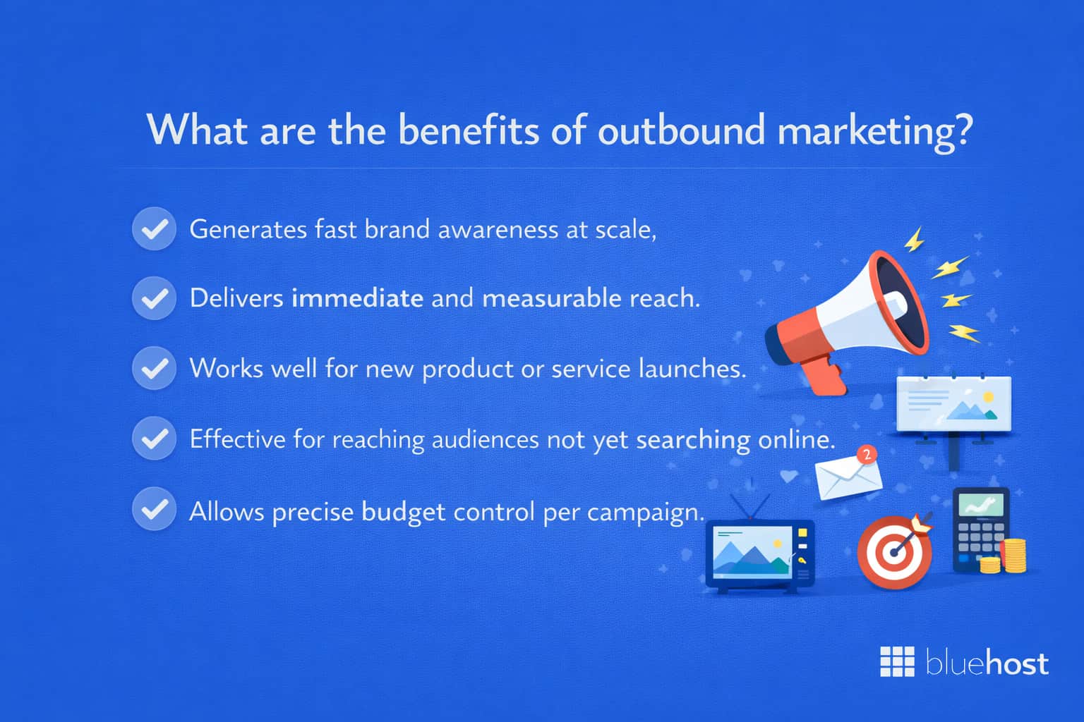 Inbound marketing vs outbound marketing: outbound benefits infographic with megaphone and checkmarks