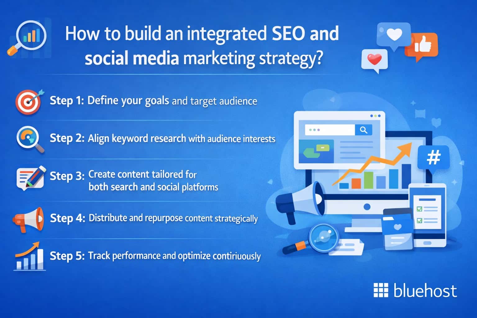 SEO vs social media marketing guide: 5-step infographic with charts, laptop and megaphone