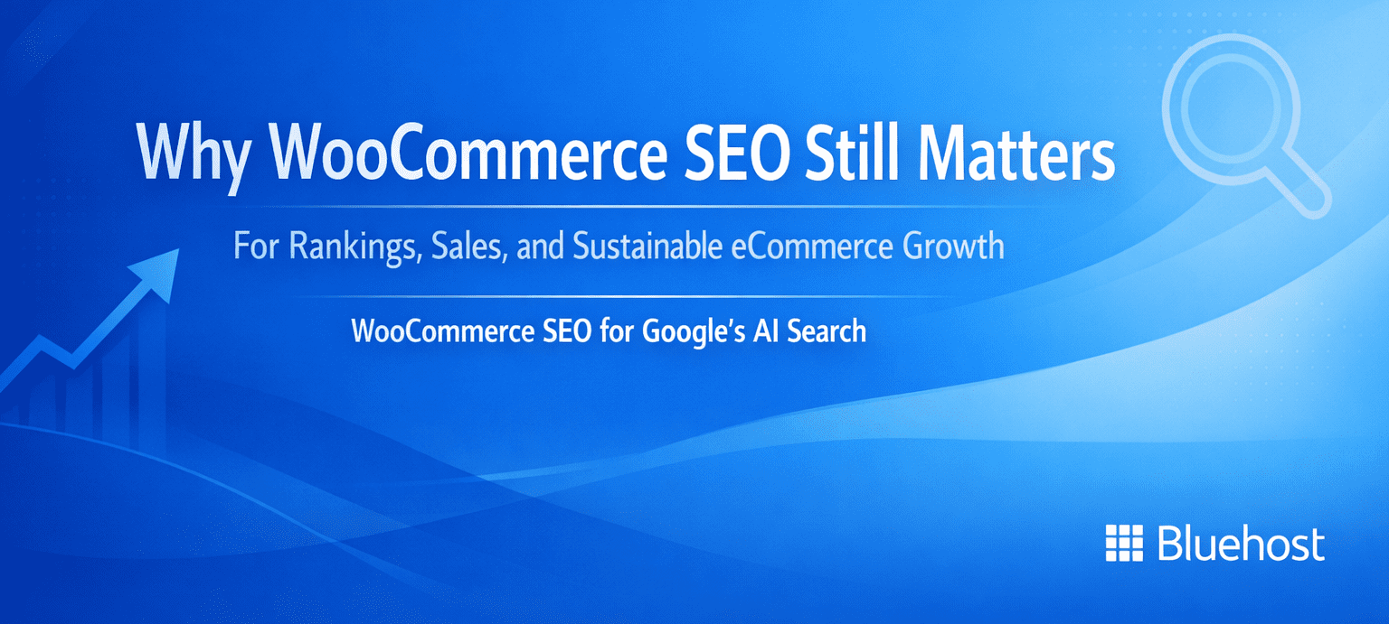 woocommerce seo guide banner with laptop product page, price tag, and Start Your Store button