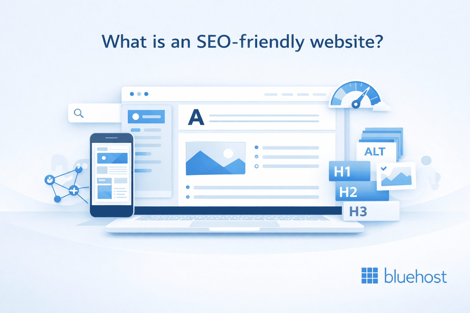 How to create SEO friendly website 2026: layout with H1-H3, ALT tags, speed meter, mobile view