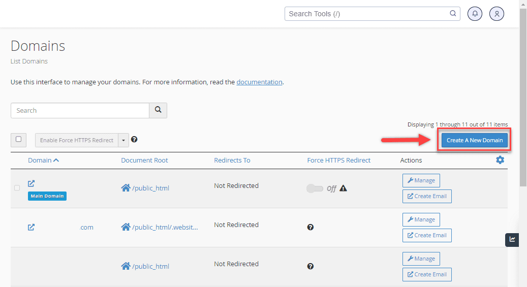 Create a new domain button
