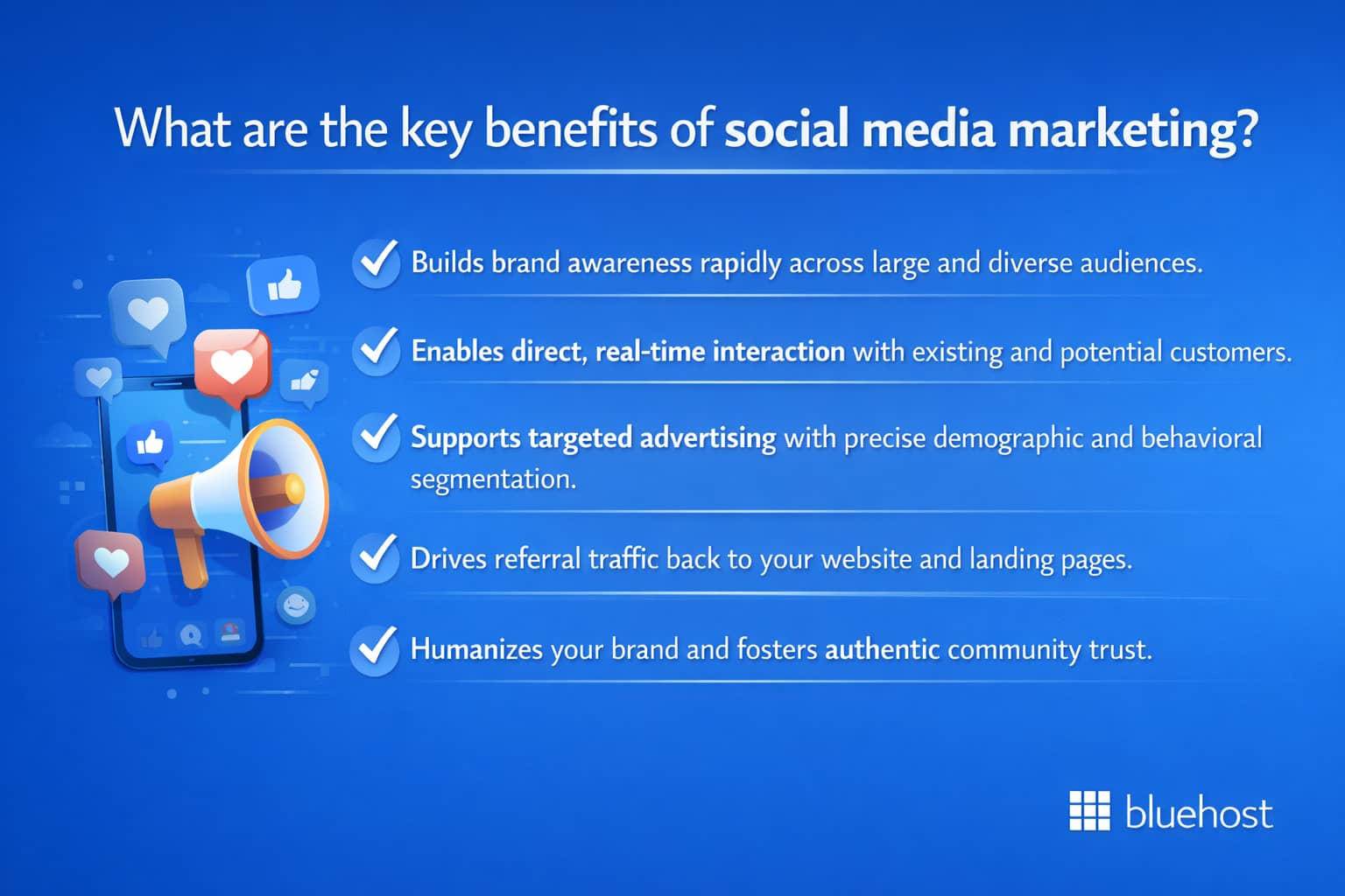 SEO vs social media marketing: graphic listing social media benefits with megaphone and likes