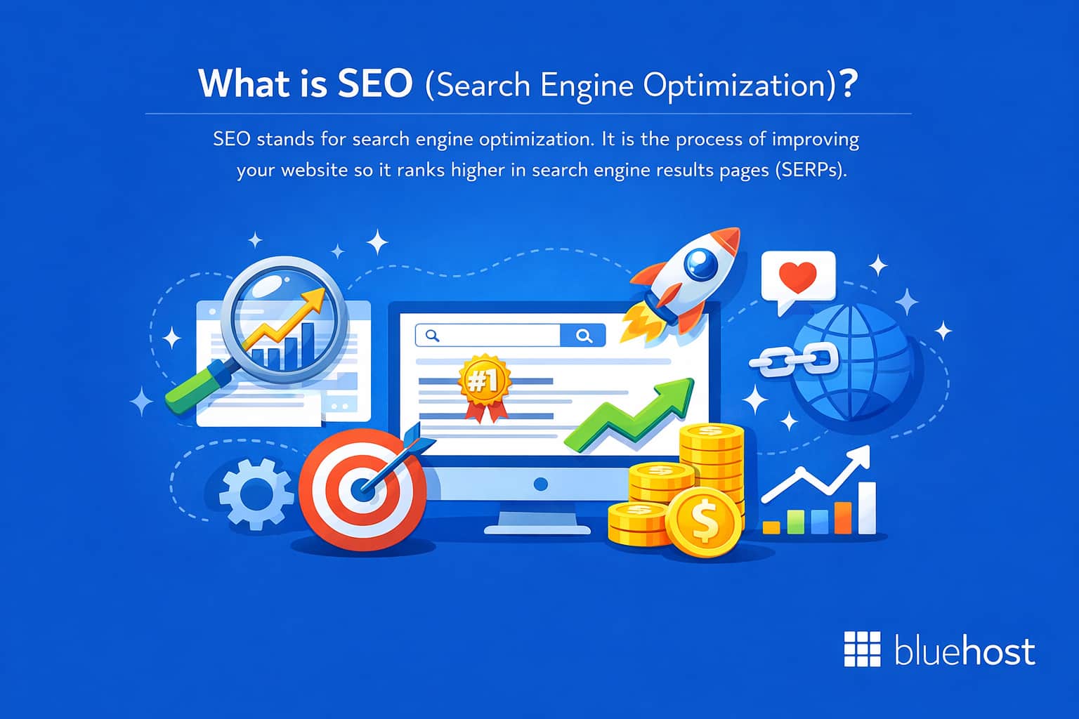 SEO vs social media marketing comparison showing SERP #1, backlinks, likes, ROI coins, growth