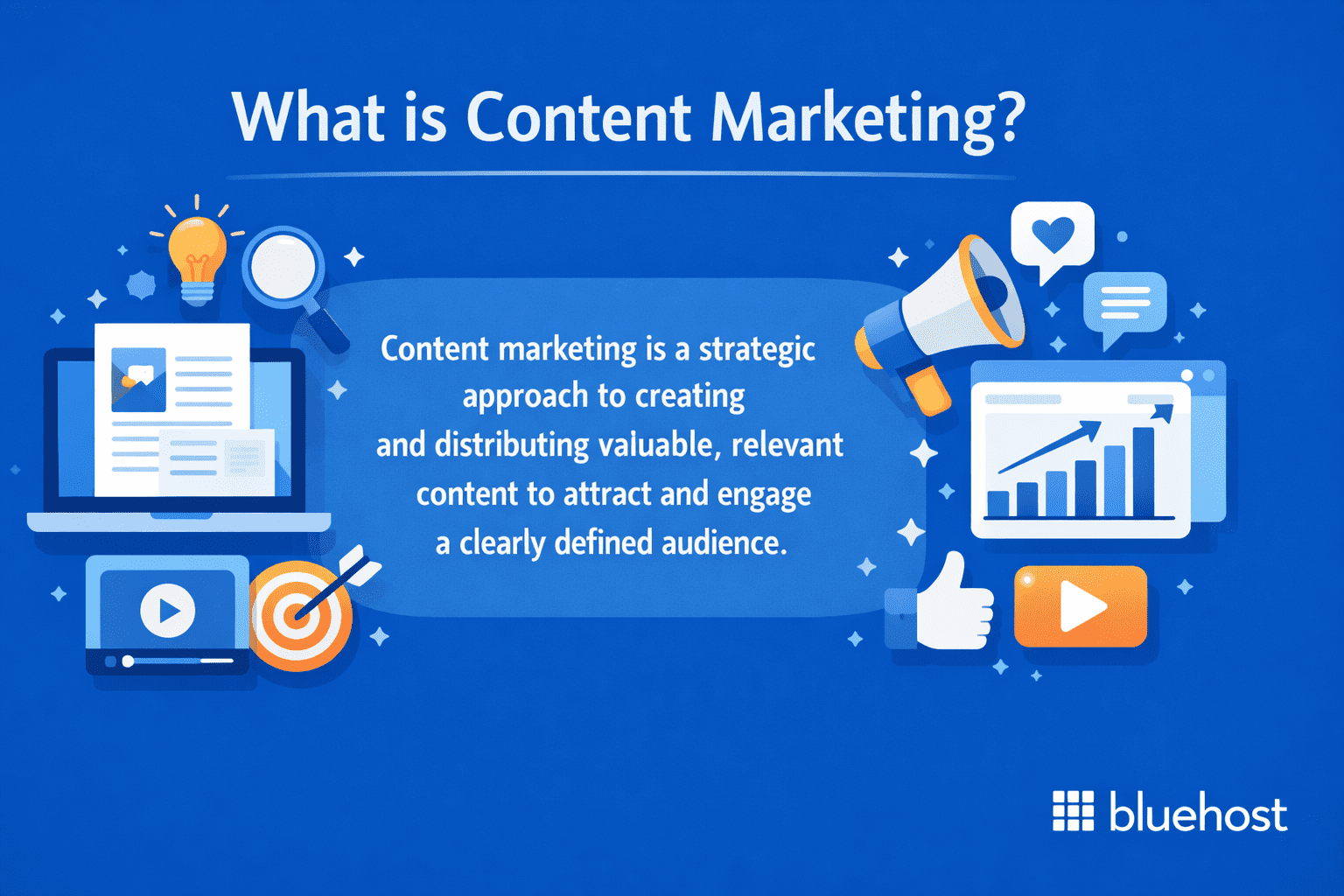Content marketing vs SEO visual with blog, video, megaphone, growth chart, organic traffic