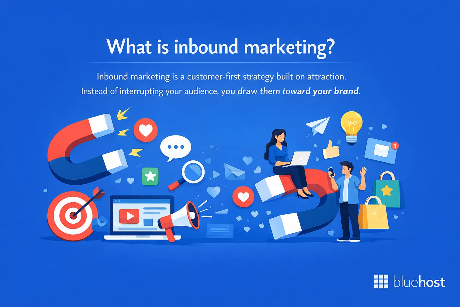 Inbound marketing vs outbound marketing comparison with magnets pulling leads and content