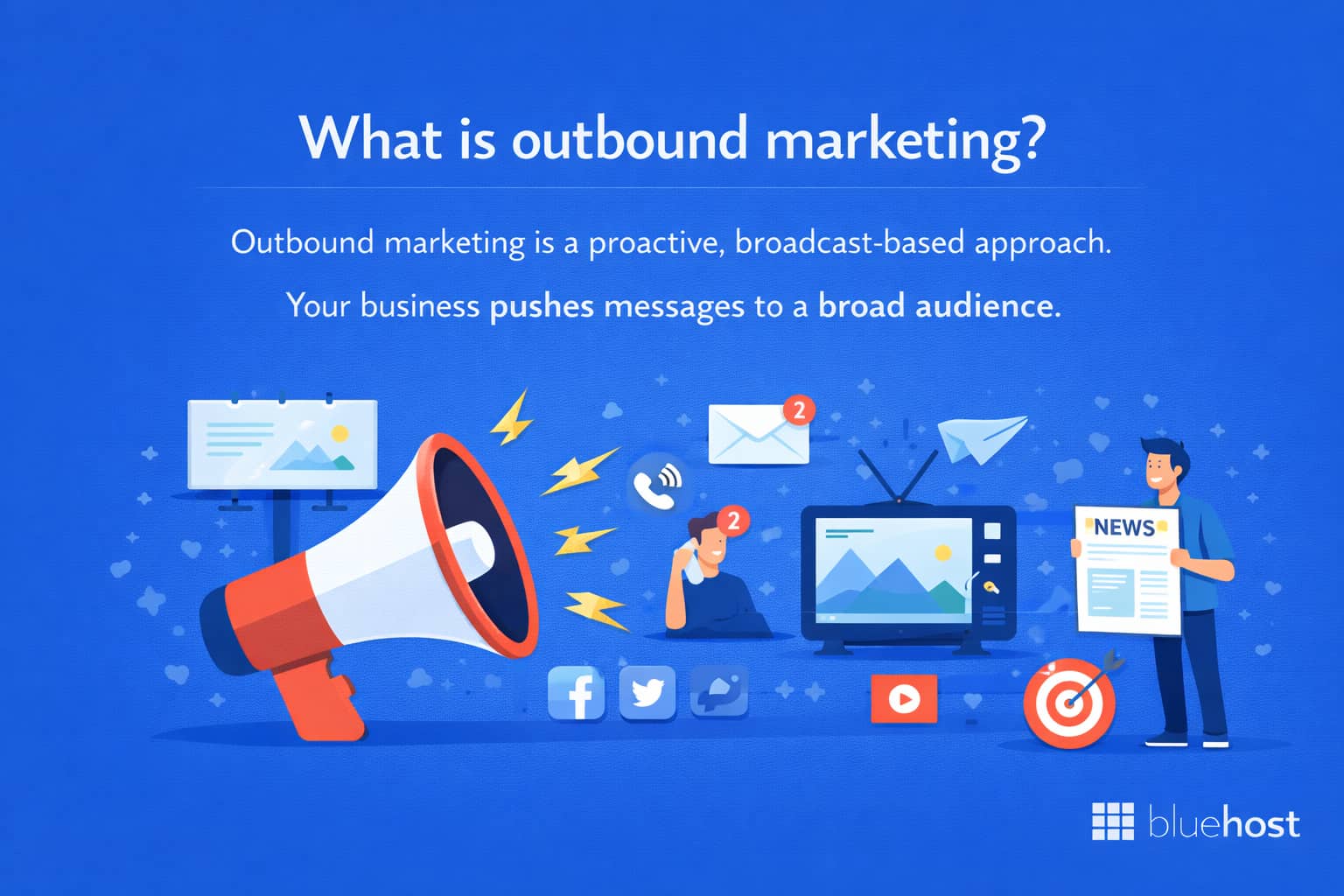 Inbound marketing vs outbound marketing comparison: outbound broadcast via megaphone, TV, news