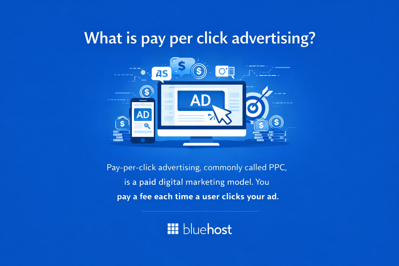 SEO vs PPC guide image: pay-per-click ads on screens with cost icons and a bullseye ROI