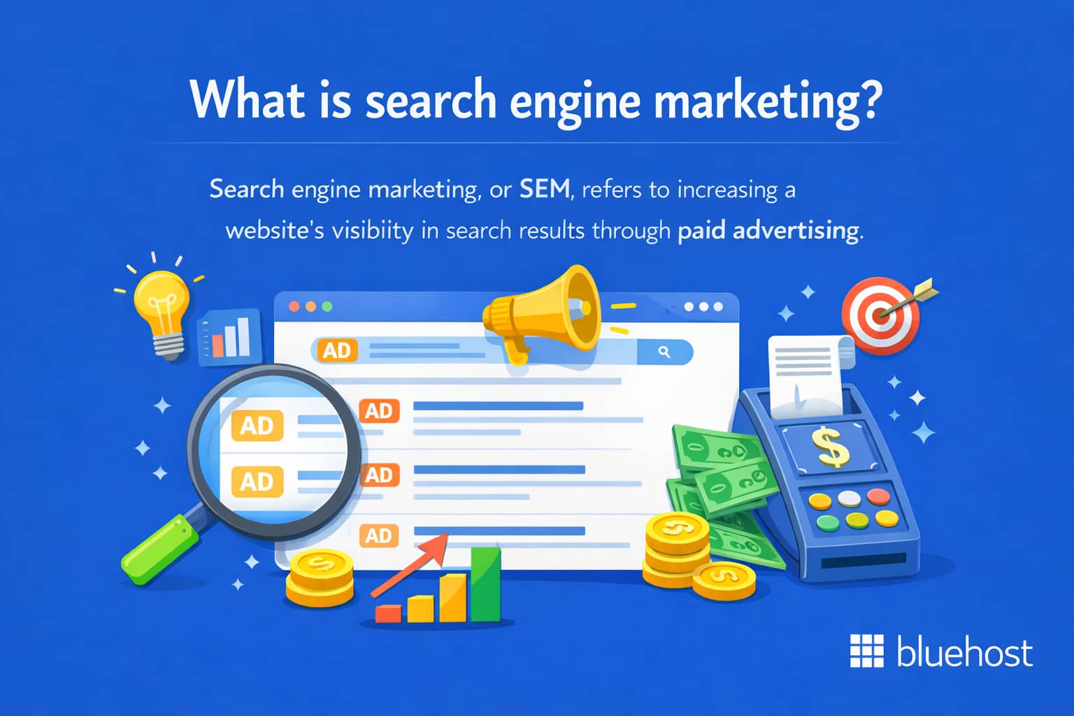 SEO vs SEM comparison image with SEM paid search ads, magnifier, target and payment icons