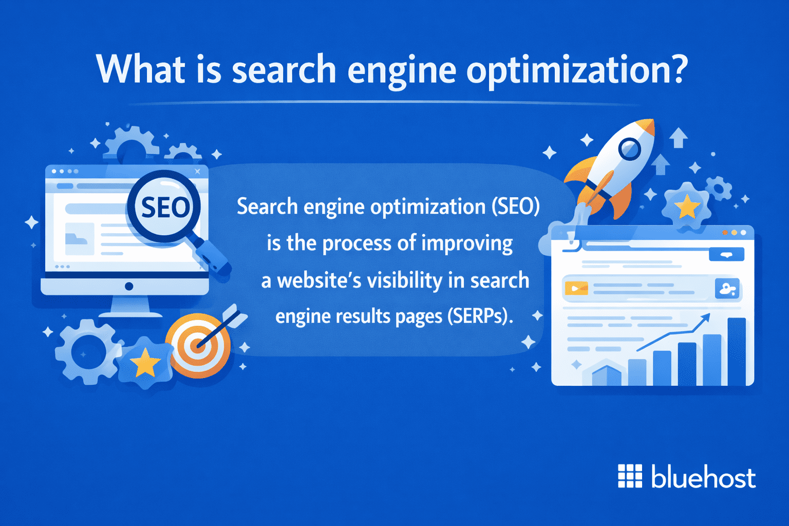 Content marketing vs SEO image: SEO explained beside magnifying glass, target, rocket, SERP gains