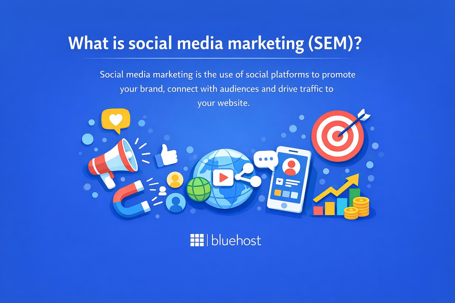 SEO vs social media marketing: SEM icons showing targeting, shares, mobile and ROI growth