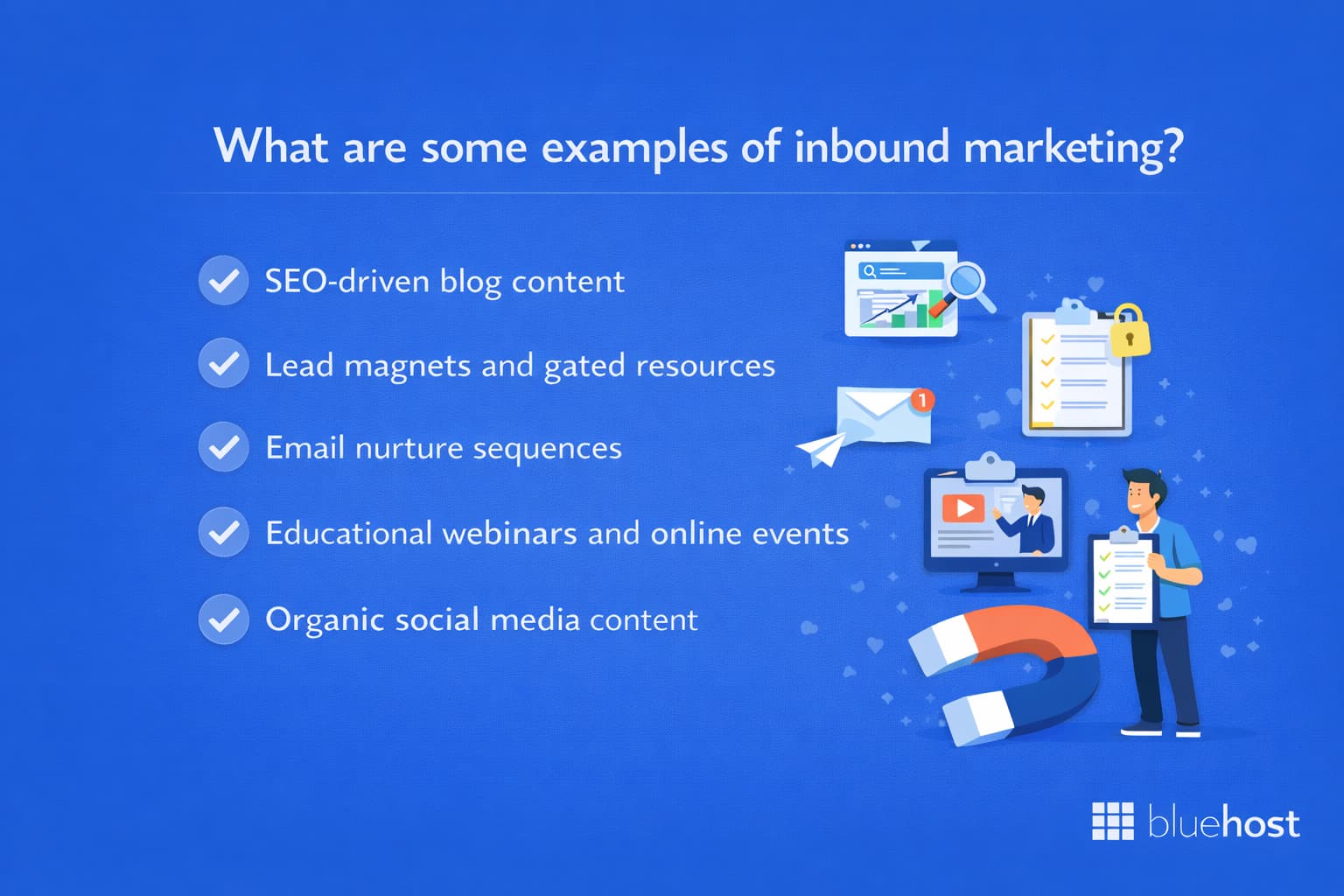 Inbound marketing vs outbound marketing comparison: SEO blogs, lead magnets, email, webinars