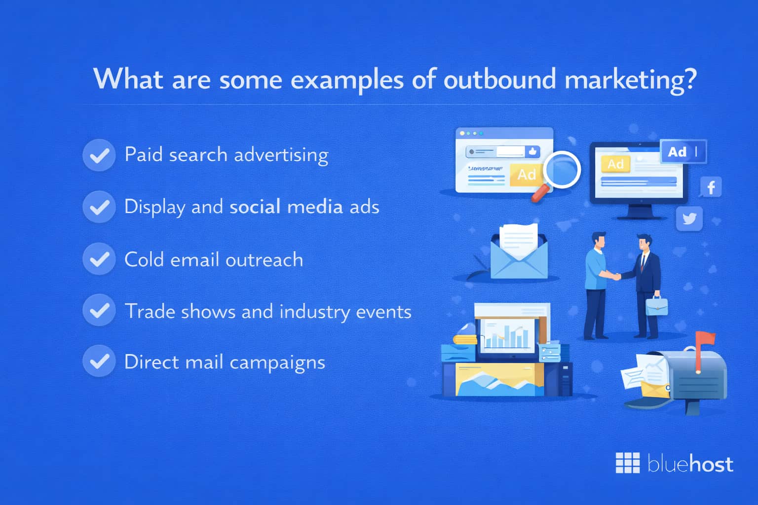 Inbound marketing vs outbound marketing comparison showing outbound ads, cold email, events, mail