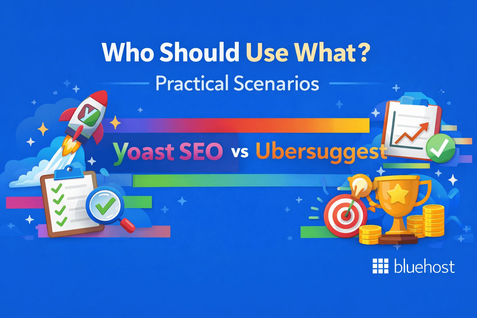 Yoast vs Ubersuggest 2026 SEO: rocket, checklist, target, trophy compare rankings and budget