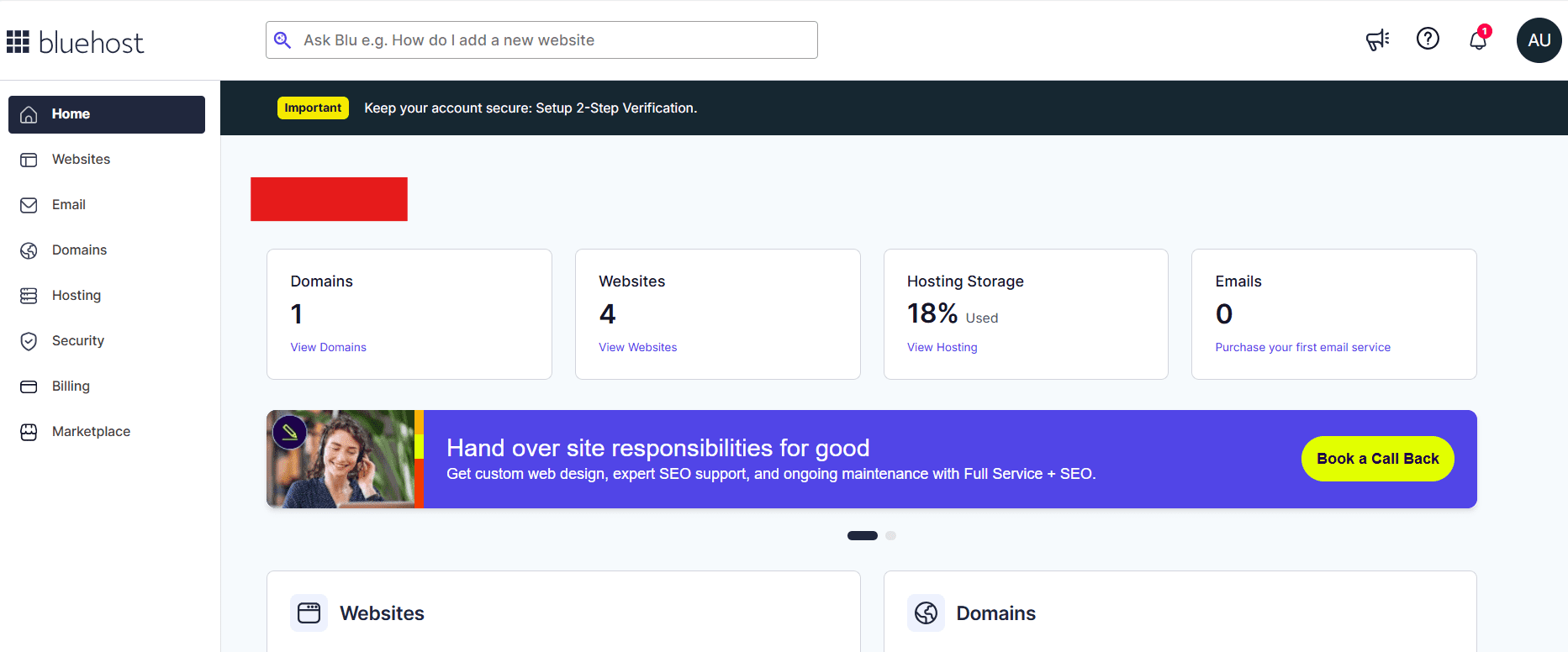Bluehost dashboard showing site stats for yoast vs surfer seo comparison and ranking boost