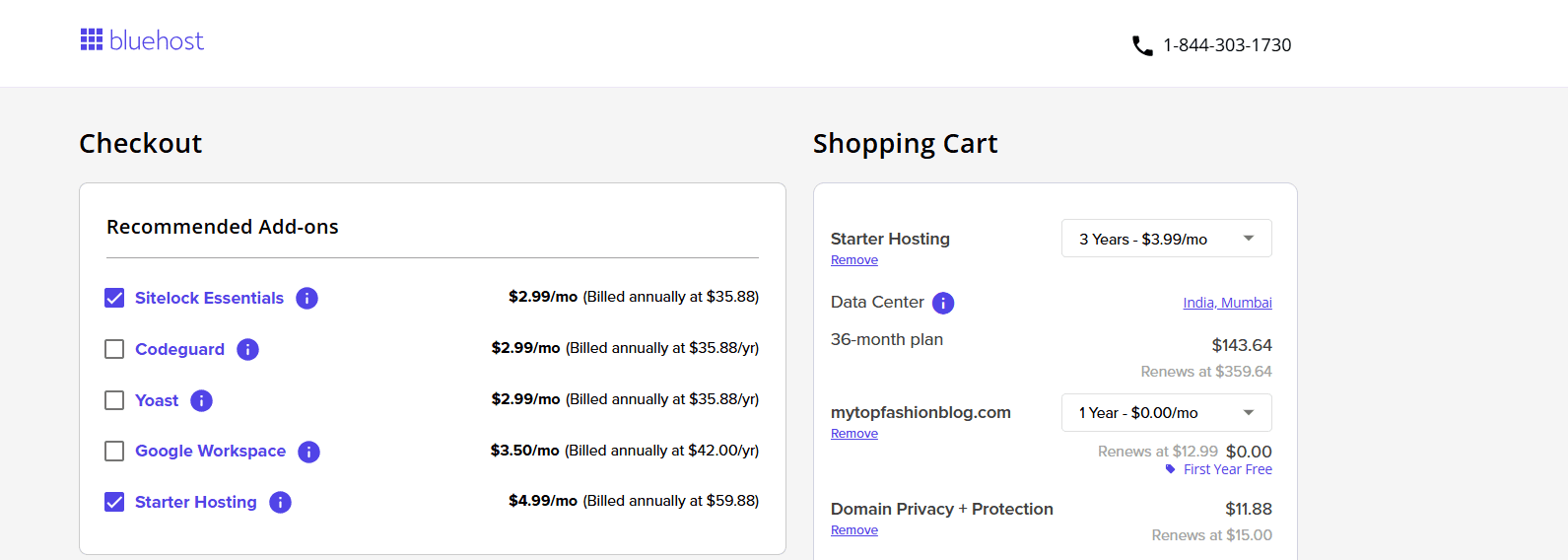 Bluehost checkout with Yoast add-on; visual cue for Yoast vs Surfer SEO decision