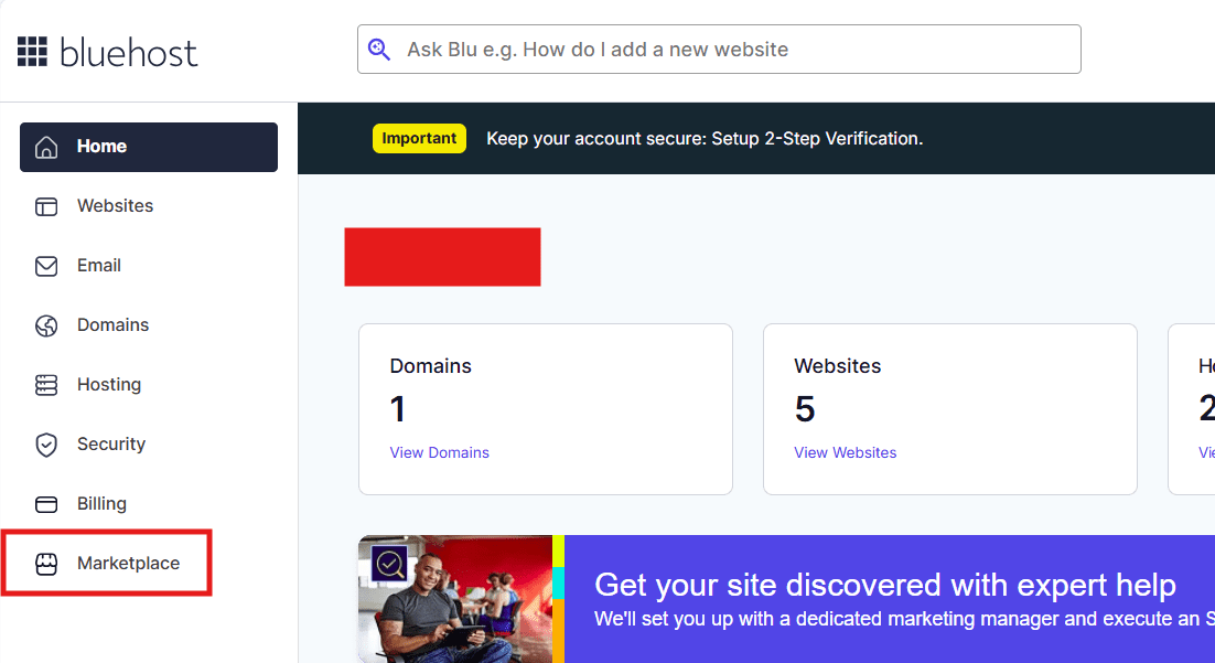 Bluehost dashboard—open Marketplace to compare Yoast SEO pricing 2026 for WordPress