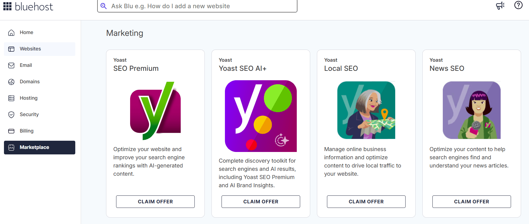 Scroll down to the Marketing section, choose the Yoast SEO product you want and click Claim Offer.