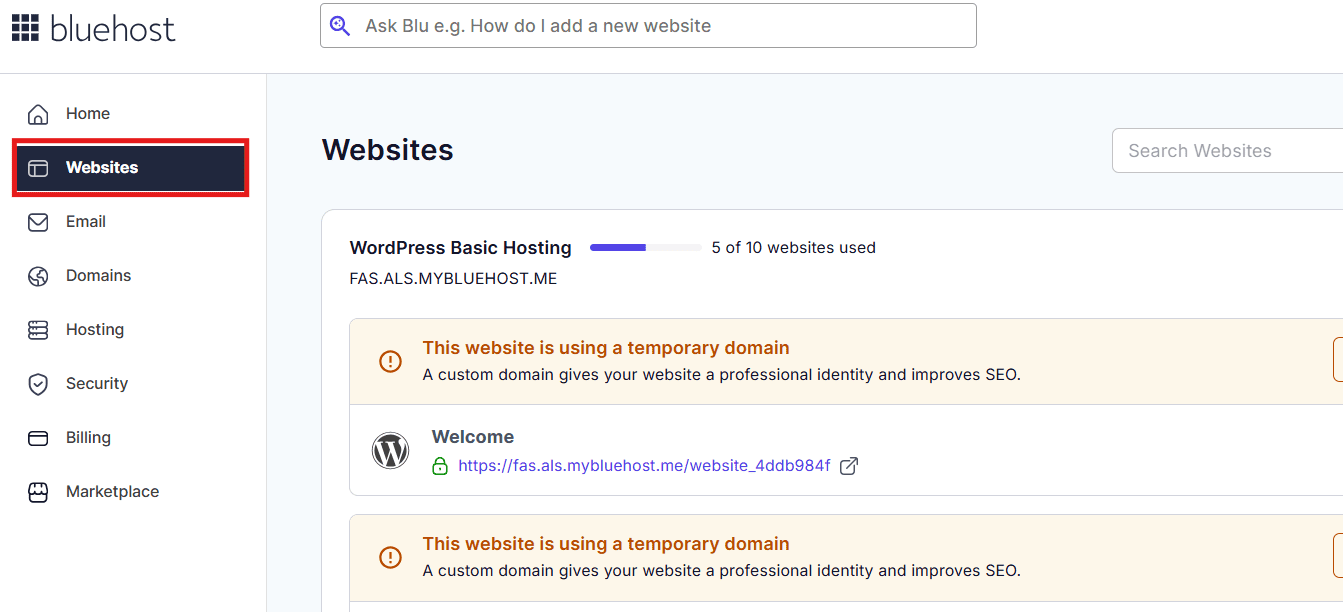 In the left-hand menu, click Websites.