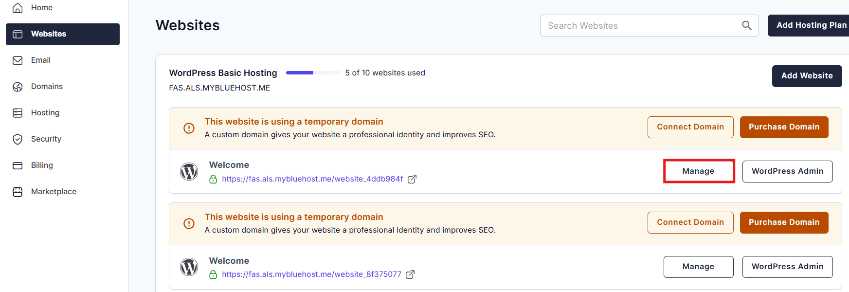Click the Manage button next to the website you want to upgrade.