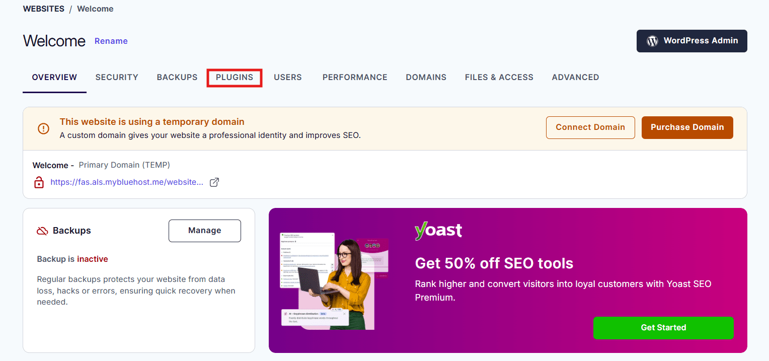 WordPress dashboard Plugins tab with Yoast promo—visual guide to Yoast SEO pricing 2026