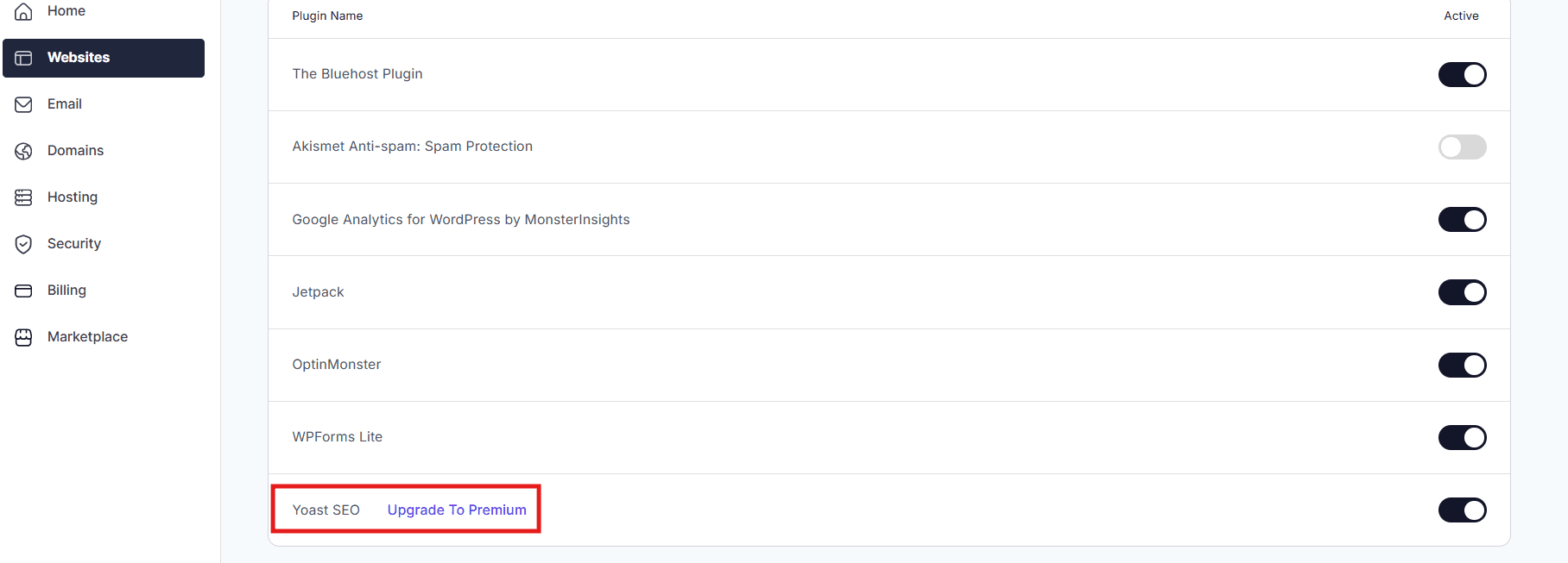 Yoast SEO pricing: WordPress plugins screen highlighting Yoast SEO Upgrade to Premium link 2026