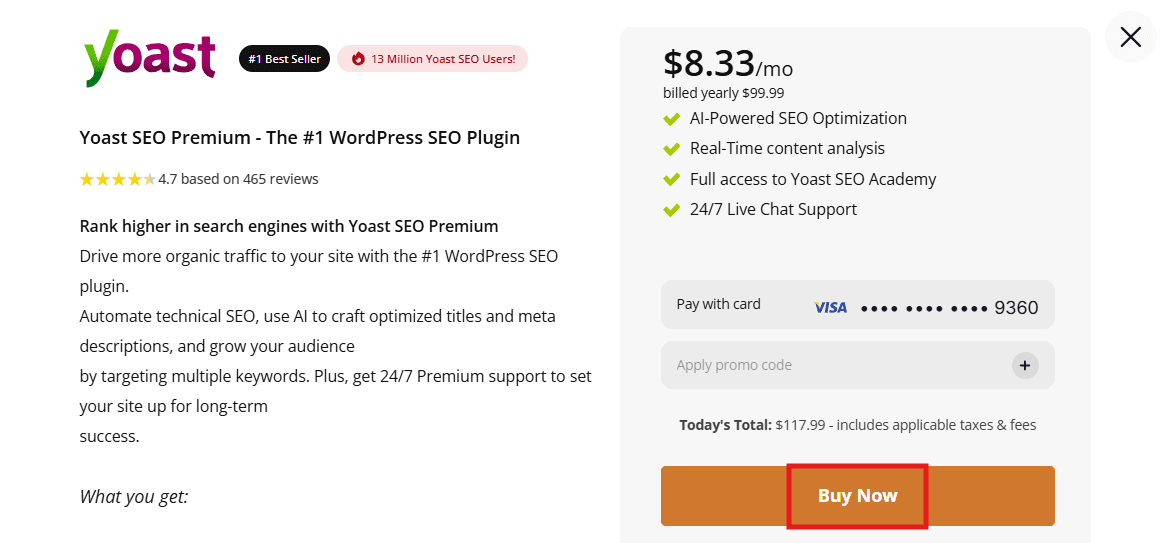 Yoast SEO pricing 2026: Premium checkout showing $8.33/mo billed yearly with Buy Now button