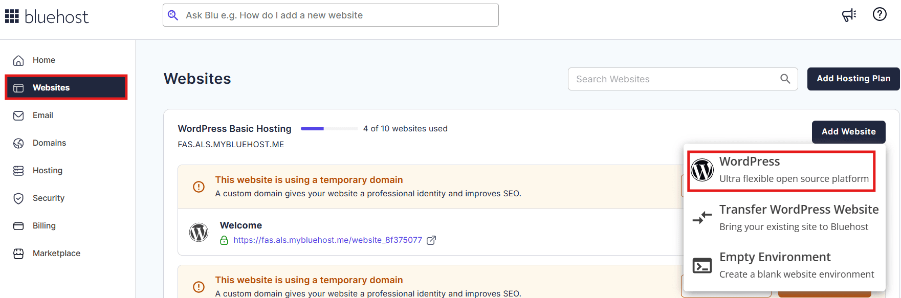 Bluehost Add Website menu for WordPress setup to test Yoast vs Surfer SEO performance