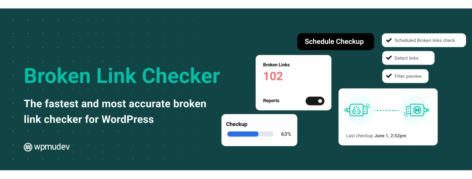 Internal linking for SEO: WordPress Broken Link Checker UI with 102 broken links, checkup 63%