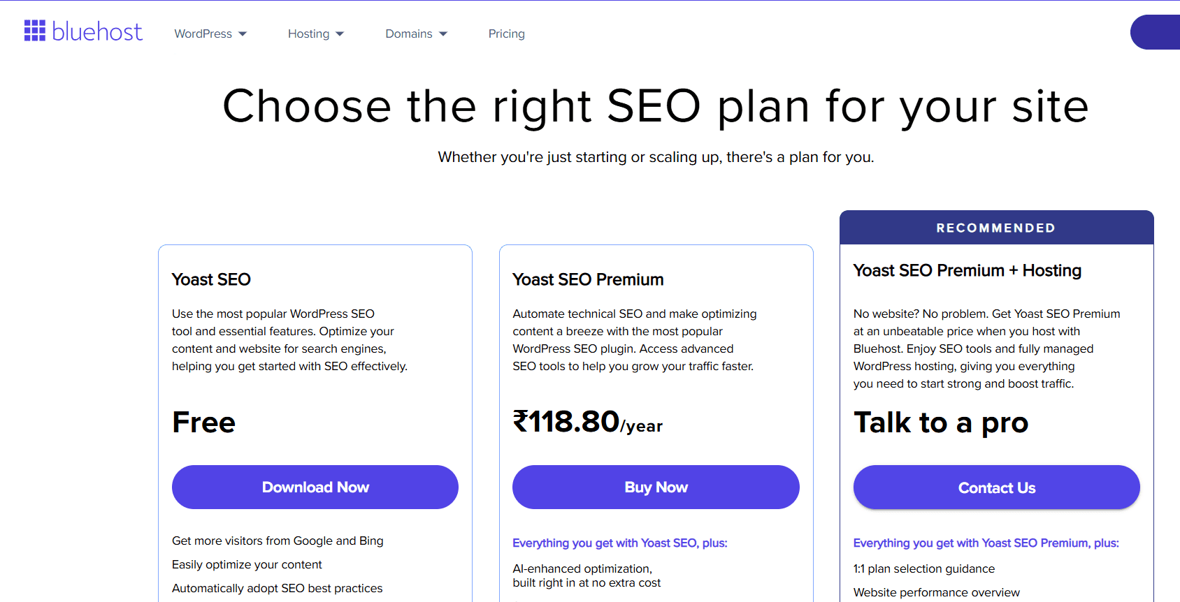 Yoast vs Surfer SEO: Yoast pricing plans—Free, Premium, and Premium + Hosting on Bluehost