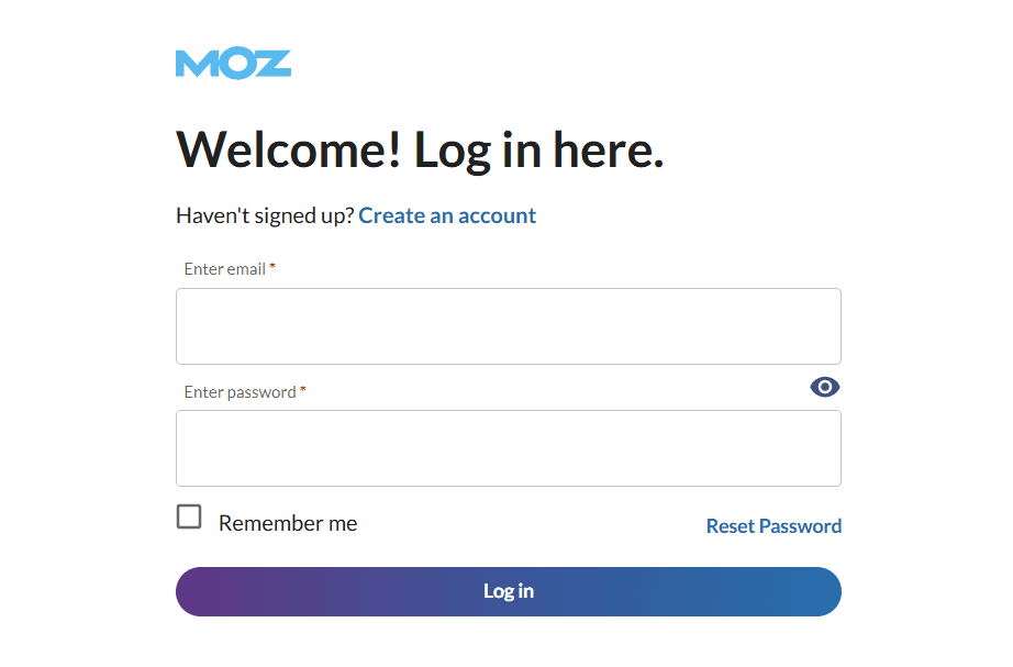 Moz login screen to check domain rating vs domain authority metrics