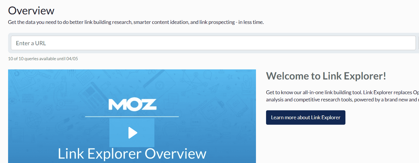 Moz Link Explorer dashboard comparing domain rating vs domain authority for SEO link analysis