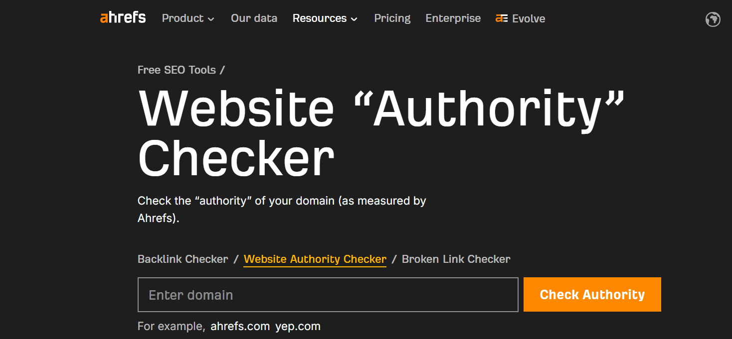 Ahrefs checker for domain rating vs domain authority—enter your domain to compare metrics