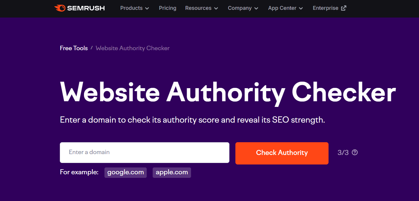Semrush Website Authority Checker illustrating domain rating vs domain authority comparison