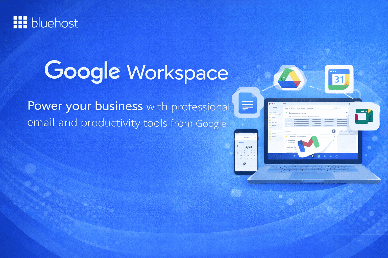 What is Google Workspace: laptop and phone showing Gmail, Drive, Calendar, Meet business tools