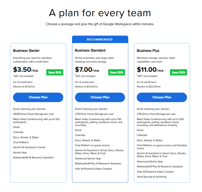Google Workspace setup plans comparison: Business Starter, Standard, Plus for business email