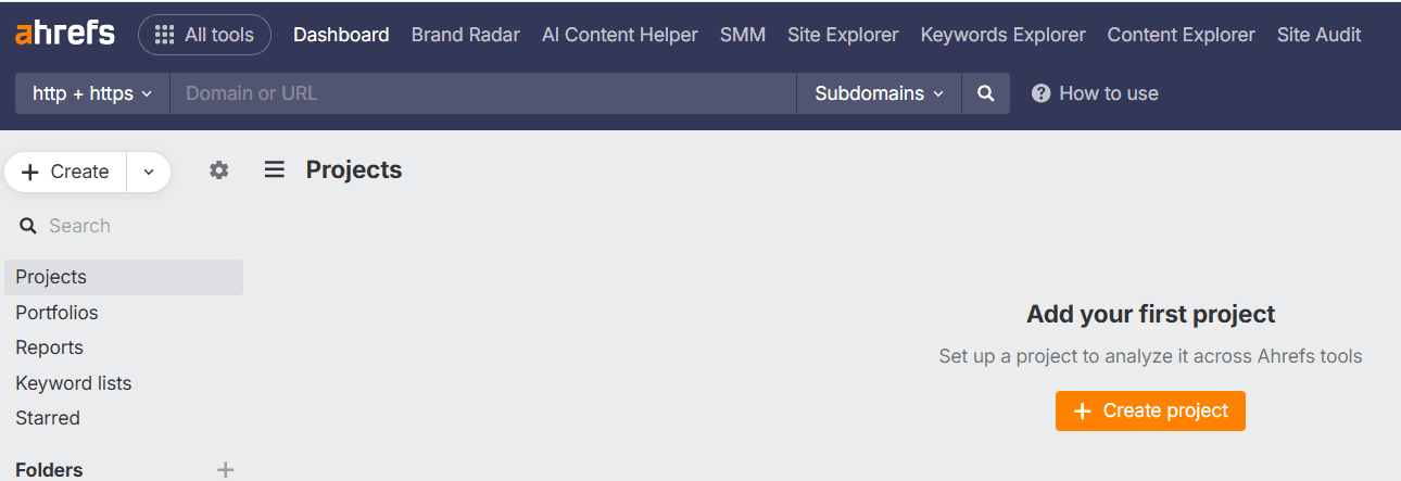 Ahrefs Projects screen: start a project to compare URL Rating vs Domain Rating metrics