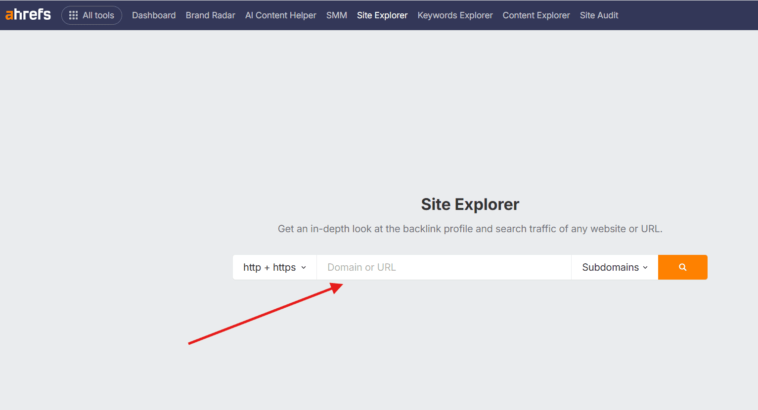 Ahrefs Site Explorer: enter a domain to analyze URL Rating vs Domain Rating
