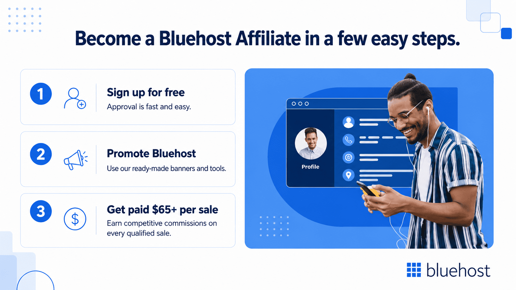Bluehost affiliate steps: sign up, promote, earn $65+—affiliate marketing for beginners.