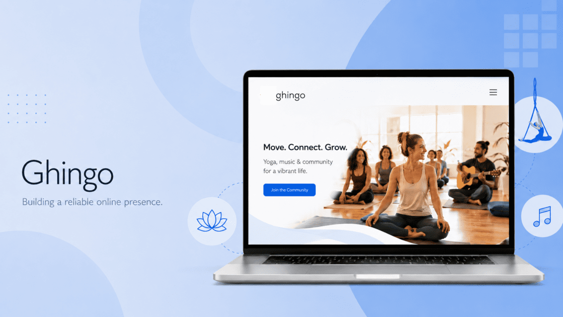 website mockup on a laptop with subtle yoga, music and aerial arts icons