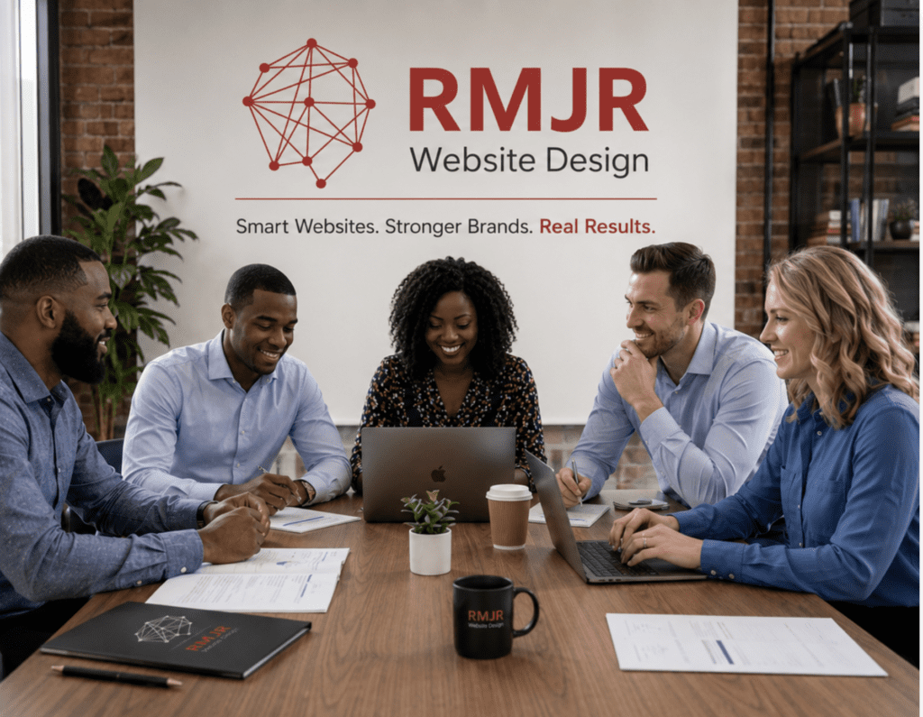 Team at RMJR Website Design collaborating on WordPress website projects powered by Bluehost.